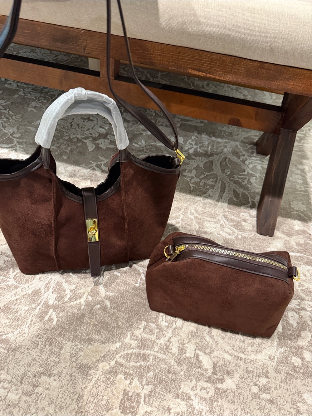 NWT Commense bintsge inspired Brown Suede Top handle tote bag Gold Hardware - Picture 10 of 13